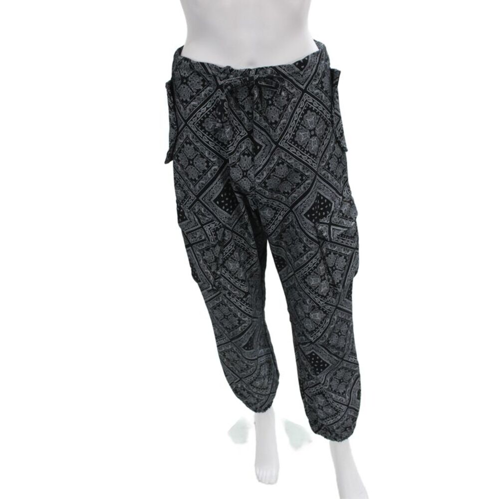 Line Unisex Cargo Jogger Pants Black Paisley Drawstring Bohemian Size M